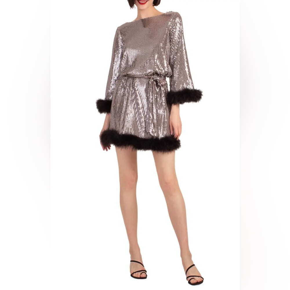 TRINA TURK Uhura Feather Trim Sequin Dress